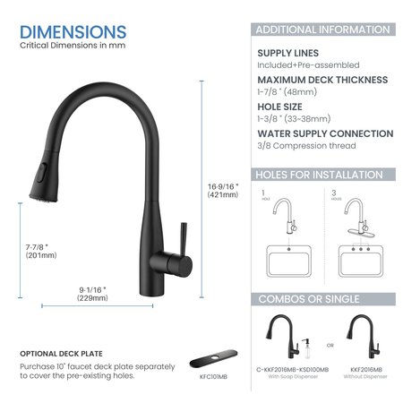 Kibi Bari-T Single Handle Pull Down Kitchen Sink Faucet, Matte Black KKF2016MB